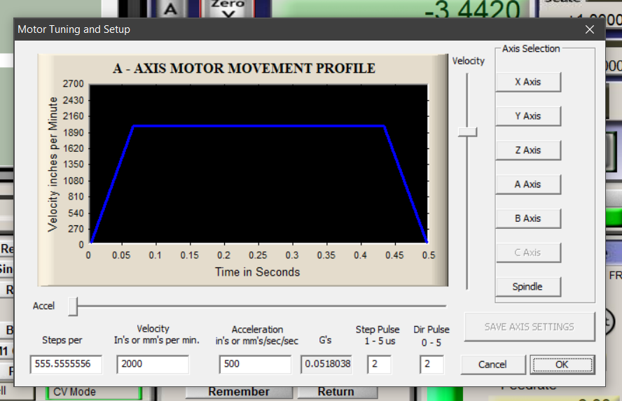 Enter the calculated Steps per, Velocity and Acceleration into the A axis
settings in the Mach 3 motor tuning page. Do not forget to Save axis
settings.