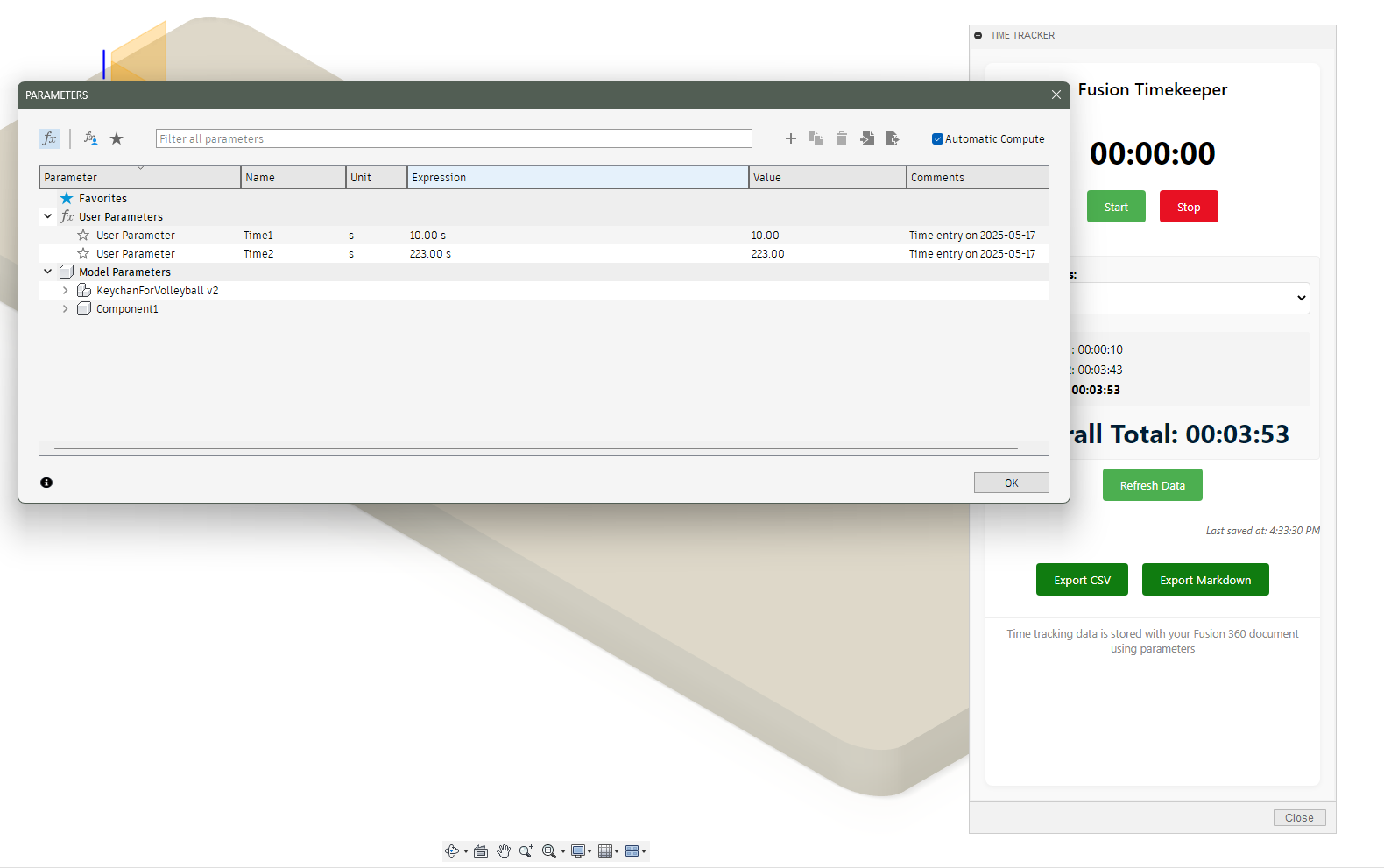 Parameter View showing time data storage
